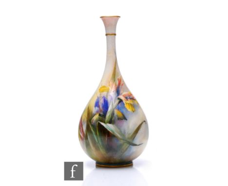 A Hadley's Worcester vase, circa 1889, of teadrop form, painted with yellow and lilac flag iris on mottled ground, painted ma