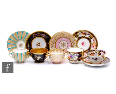 A collection of 19th Century English tea cups and saucers, including Barr Flight &amp; Barr, gilded urn and scrolling leaves 