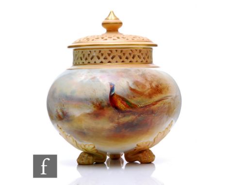 An early 20th Century Royal Worcester pomander and cover, Graingers shape 293, of footed compressed ovoid form with reticulat