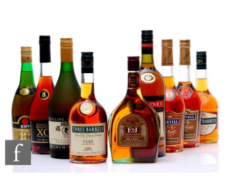 Nine bottles of cognac and brandy, including Three Barrels, Martell, Bardinet and E &amp; J. (9)  PLEASE VIEW CONDITION REPOR