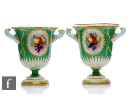 A matched pair of Richard Seabright Royal Worcester porcelain urns, dated 1906, pattern number 2157, each of campana urn form