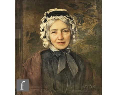 ENGLISH SCHOOL (LATE 19TH CENTURY) - Portrait of a lady wearing a bonnet, watercolour, signed with initials 'J.P.' and dated 