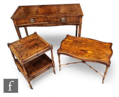A George III style yew wood concave side table fitted with two drawers, on square tapering legs, height 83cm x depth 46cm x w
