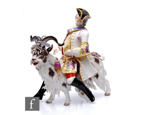 A large 19th century Meissen porcelain figure of Count Brühl's Tailor on a goat, after the 18th Century model by J. J. Kändle