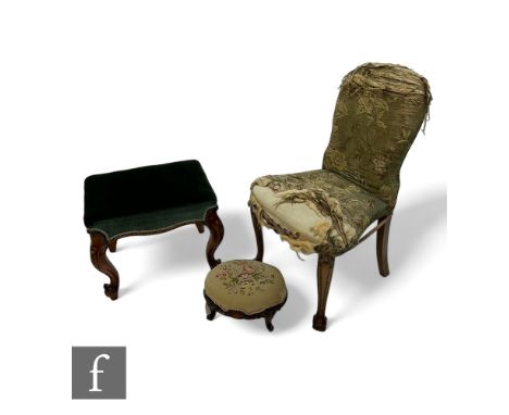 A Victorian walnut dressing table stool on cabriole legs upholstered in dark green plush, width 54cm, a small oval tapestry s