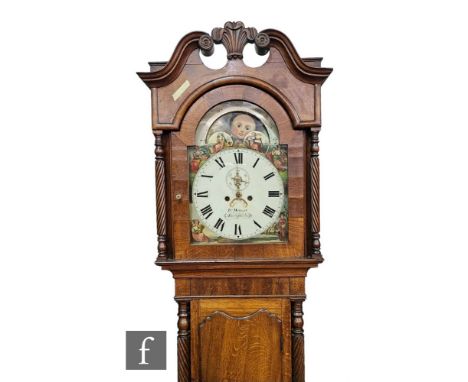 A 19th Century longcase clock by Jn Morgan Aberystwyth, the eight day striking movement with moon phase and painted figural d