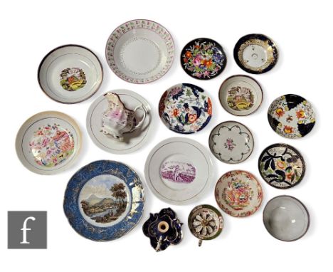 A collection of 19th Century English ceramics, including a Prattware plate decorated with a Welsh landscape, a gaudy ware sau