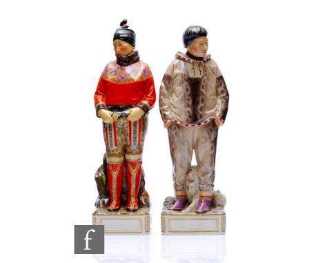 A pair of Royal Copenhagen Greenlandic figures, to include Man with Sledge dog and Greenlandic Women by Carl Martin-Hansen, h
