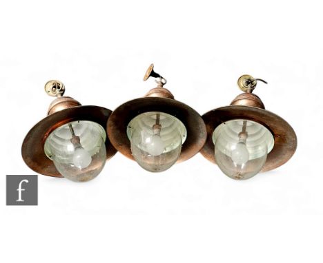 Three 20th Century copper anodised bulk head style light fittings, height 51cm.  PLEASE VIEW CONDITION REPORT 