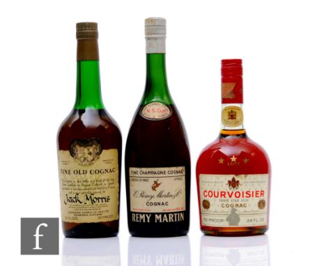 A collection of 1950s/60s cognacs, to include a bottle of Remy Martin white label, a bottle of Courvoisier Luxe, still retain