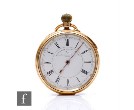 An 18ct hallmarked open faced, crown wind chronograph pocket watch, Roman numerals to a white enamelled dial, case diameter 5
