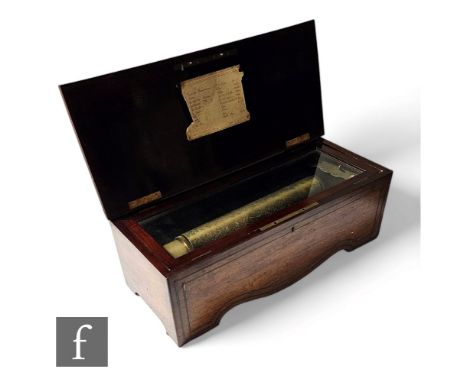 A 19th Century musical box playing airs, polkas and waltzes, a fragment of tune card remaining, cylinder 34cm, in rosewood ca