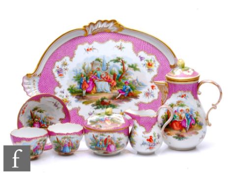 A late 19th to early 20th Century Meissen Cabaret set in the manner of Teniers or Kaufmann, the set comprising oval tray with