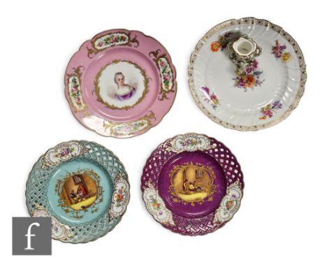 A collection of continental ceramics, to include a Sevres plate with a central cartouche containing a portrait, decorated wit