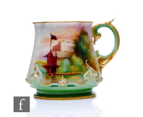 A Royal Worcester mug circa 1907,&nbsp;of quatrelobed shape, painted by Harry Martin with a scene of Worcester rowing club, s