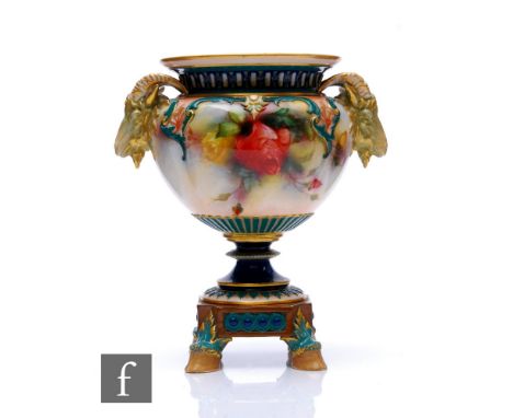 A Hadley Ware Worcester pedestal jardiniere, lobed bowl form with twin ram's head moulded handles, decorated with pink and ye