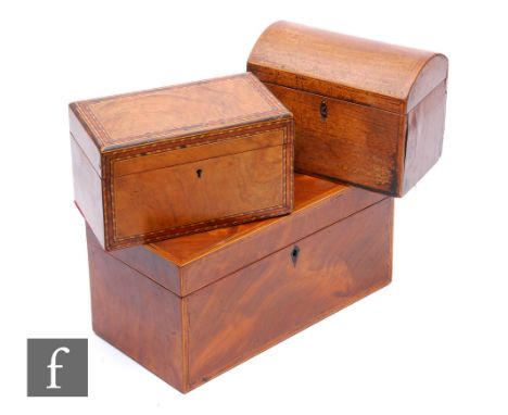 A 19th Century inlaid mahogany tea caddy of rectangular form with two divisions and an associated glass mixing bowl, width 30