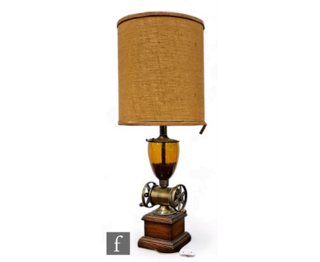 A replica novelty coffee hopper table lamp and shade, height 103cm.  PLEASE VIEW CONDITION REPORT 