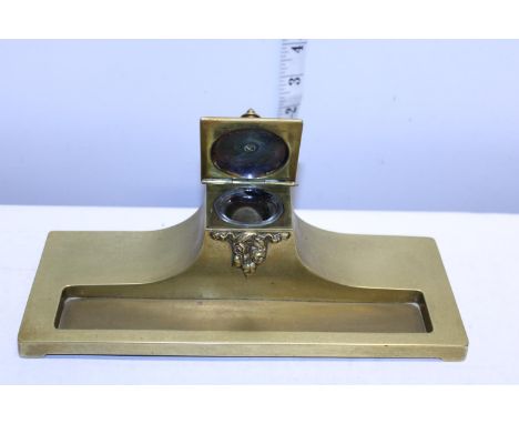 A vintage brass ink well &amp; pen tray 