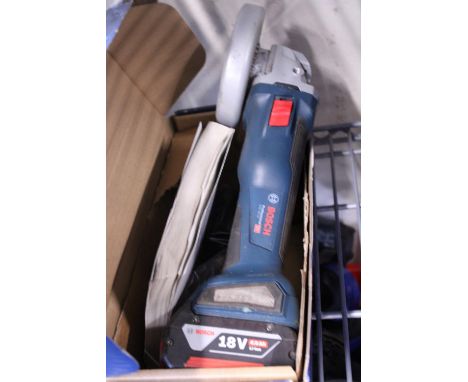 A boxed Bosch Cordless 18 volt grinder working with spare battery 