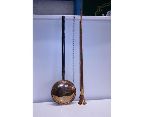 A vintage copper bedpan and a copper and brass hunting horn, shipping unavailable 
