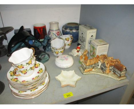 A mixed lot of ceramics to include Shelley cups and saucers, boxed John Beswick Thelwell figurine, Poole pottery Delphis vase