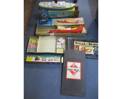 A group of toys and board game to include Scalex Boats model of RMS Pretoria Castle Ocean liner, a Frog Bat ready-to-fly glid