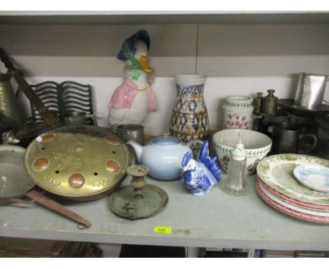 A miscellaneous lot to include kitchen scales, Le Creuset teapot, various other metalware, ceramics to include Portmeirion, a