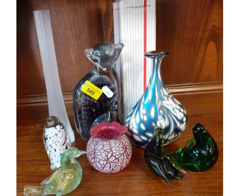 A small quantity of decorative glass ornaments to include Murano glass birds A/F, an iridescent signed Art glass vase A/F and