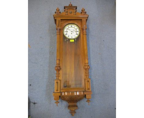 A W Kollmer Austrian walnut and Vienna style regulator wall clock, 16cm, white enamel Roman dial with three winding holes, ke