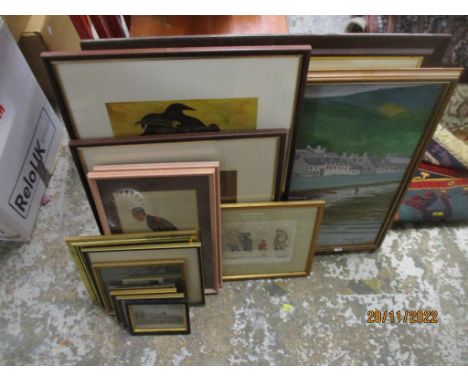 A mixed lot of paintings and framed and glazed prints to include an oil painting signed Pol Rangos of boats moored in front o