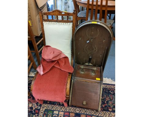 A late Victorian walnut slipper chair, together with a coal purdonium and bagatelle board Location: 