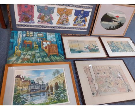 A Japanese woodblock print, framed together with modern needlepoint pictures, prints, an oil and a Jack Widgery river scene w