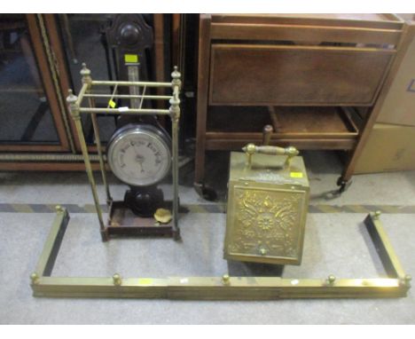 A mixed lot to include a Victorian brass aesthetic period coal purdonium and shovel, a brass umbrella/stick stand, brass exte