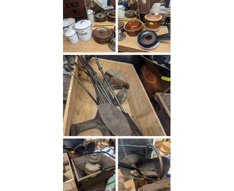 A mixed lot of kitchenalia, fireside furniture and implements, and other items to include enamel flour bins, copper coal buck