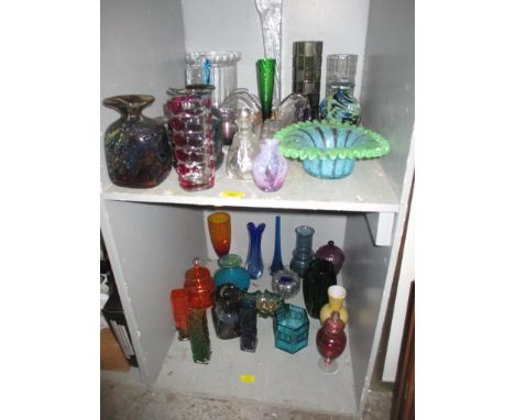 A quantity of art glass to include a Dartington spot vase in aqua, Mdina vases, Czechoslovakian glass, a Skrup, Swedish glass