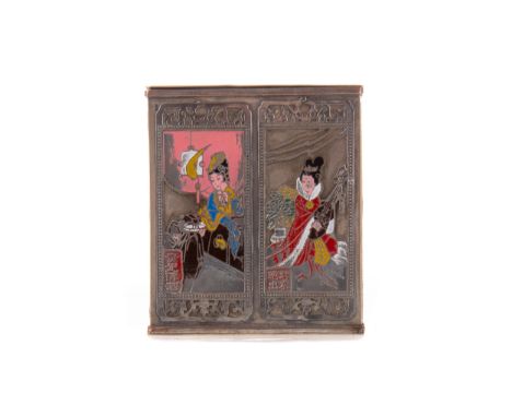 EARLY 20TH CENTURY CHINESE WHITE METAL AND ENAMEL CASKET, the detachable lid and sides decorated with figures in coloured ena