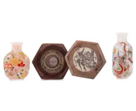 TWO CHINESE SNUFF BOTTLES, the taller decorated with dragons, 6.5cm high, along with a hexagonal box inset with roundels and 