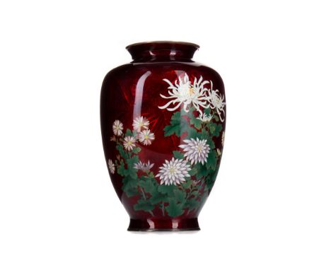 JAPANESE GINBARI ENAMEL VASE, decorated with chrysanthemum and further floral blooms on red foil ground, with white metal mou