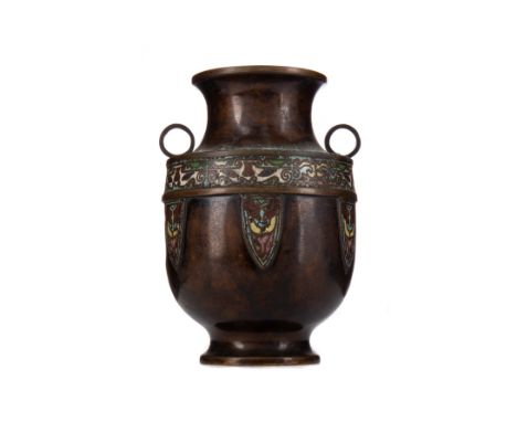 CHINESE BRONZE AND CHAMPLEVE ENAMEL VASE, with twin-loop handles, three character mark to base, 18cm high