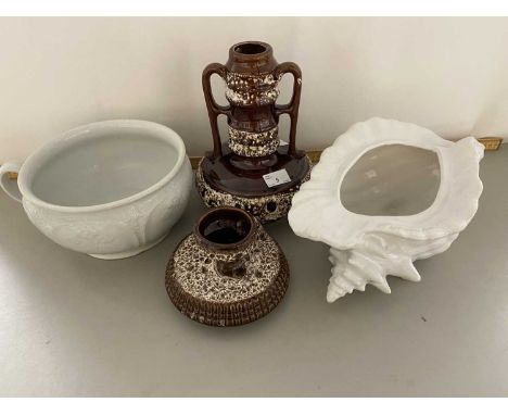 Mixed Lot: West German pottery vase, table lamp base, chamber pot and a shell formed planter