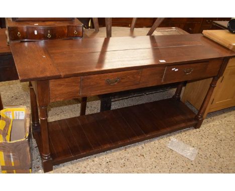 Reproduction light oak two drawer hall table, 160cm wide