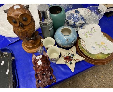 Mixed Lot: A large wooden model owl, various assorted ceramics, vintage flask, a Far Eastern wooden wall mask etc