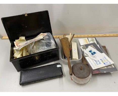 Mixed Lot: Case of various assorted coinage, assorted crested spoons, various first day covers, a vintage fan, a cased drawin