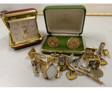 Mixed Lot: Cufflinks, vintage travel clock etc