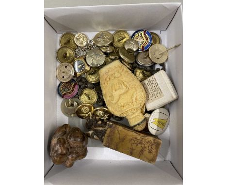 Box of various assorted items to include a reproduction resin snuff bottle, a small soap stone seal, various buttons and othe