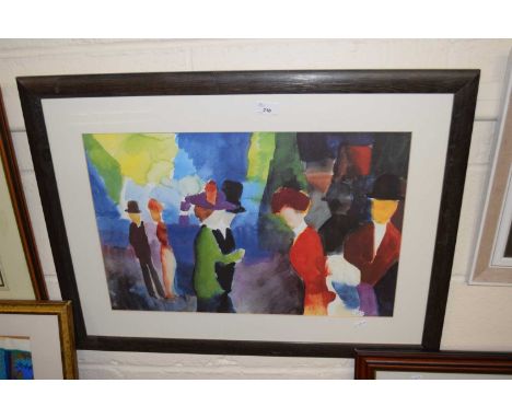 Abstract study of figures, coloured print, framed and glazed