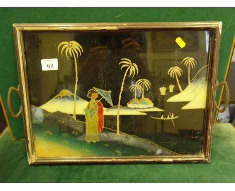 Early 20th Century Oriental print on glass, panoramic landscape scene with figure 
