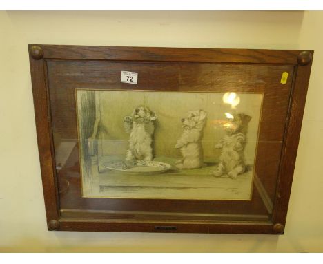 Oak framed coloured print by Cecil Aldin in original oak stud frame, image size 12" x 20", title "For What we are about to Re