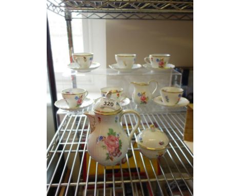 Delicate Dresden coffee set, gilt boarders with floral decoration 6 place setting comprising tea pot, cream jug and lidded su